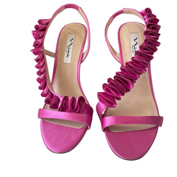 Nina Pink Satin Ruffle Heels Size 8M Y2K Strappy Slingback Party Wedding Shoes - Picture 5 of 11
